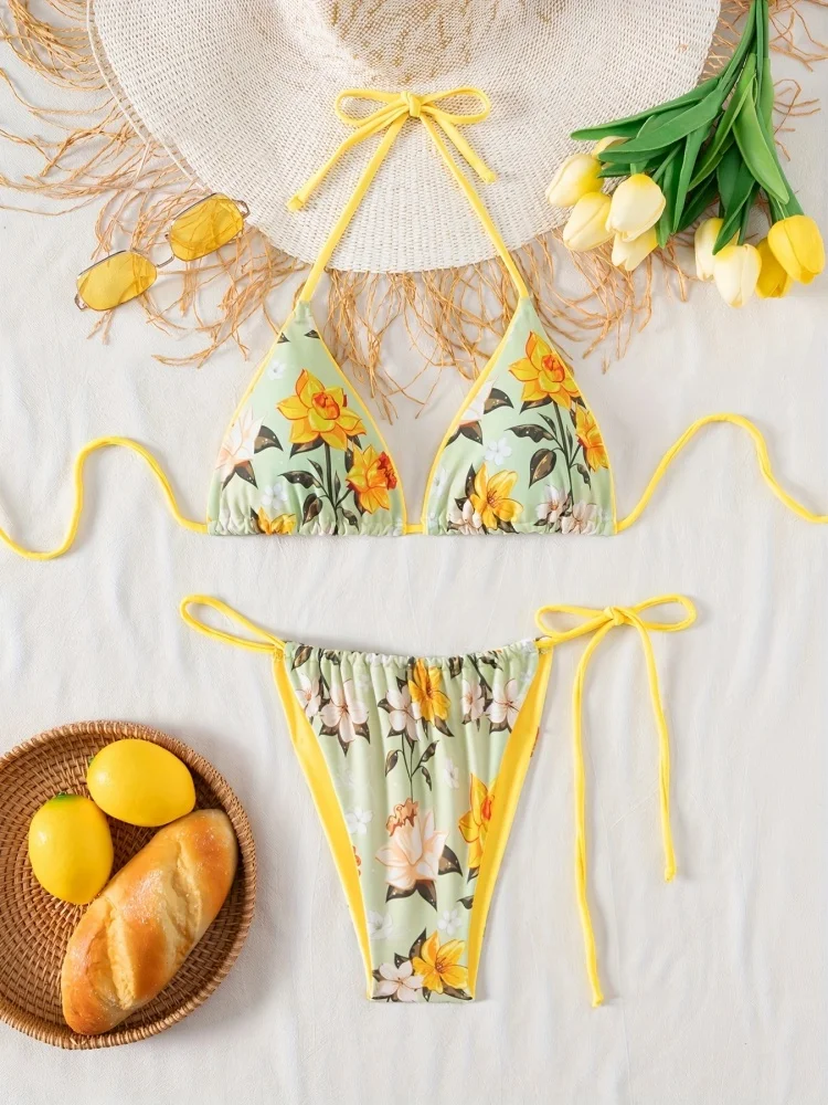 Bikini donna costume da bagno 2026 nuova stampa floreale halter bikini set sexy pizzo costumi da bagno estate due pezzi costume da bagno da spiaggia femminile