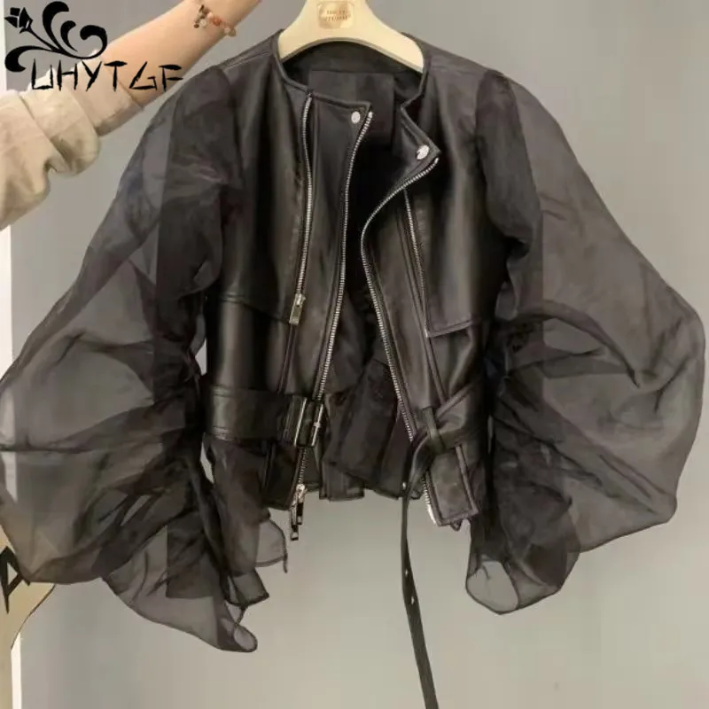 Abrigo corto de Organza para mujer, chaqueta de cuero de moda con volantes y mangas de burbujas, ropa de calle Retro Y2k, abrigo de cuero de imitación negro para otoño 2663