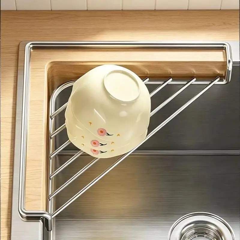 Triangular Sink Drain Rack Stainless Steel Sink Caddy Organizer Drainable Large Capacity Multifunctional Kitchen Sink Organizer