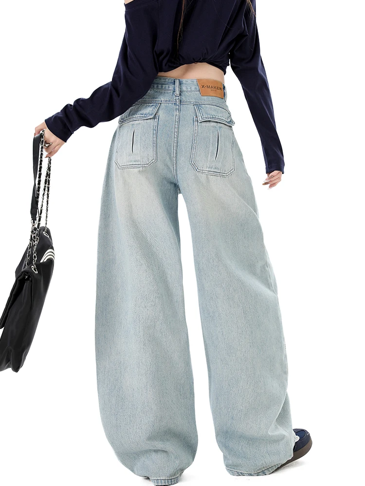 American style cargo sickle wide leg jeans women's 2025 winter new fleece splicing non stick leg curved knife pants view 6