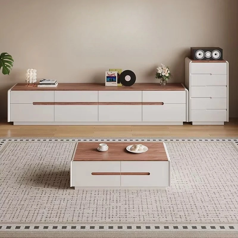 Modern luxury solid wood TV table and rectangular coffee table set, suitable for family living room and bedroom, with drawers