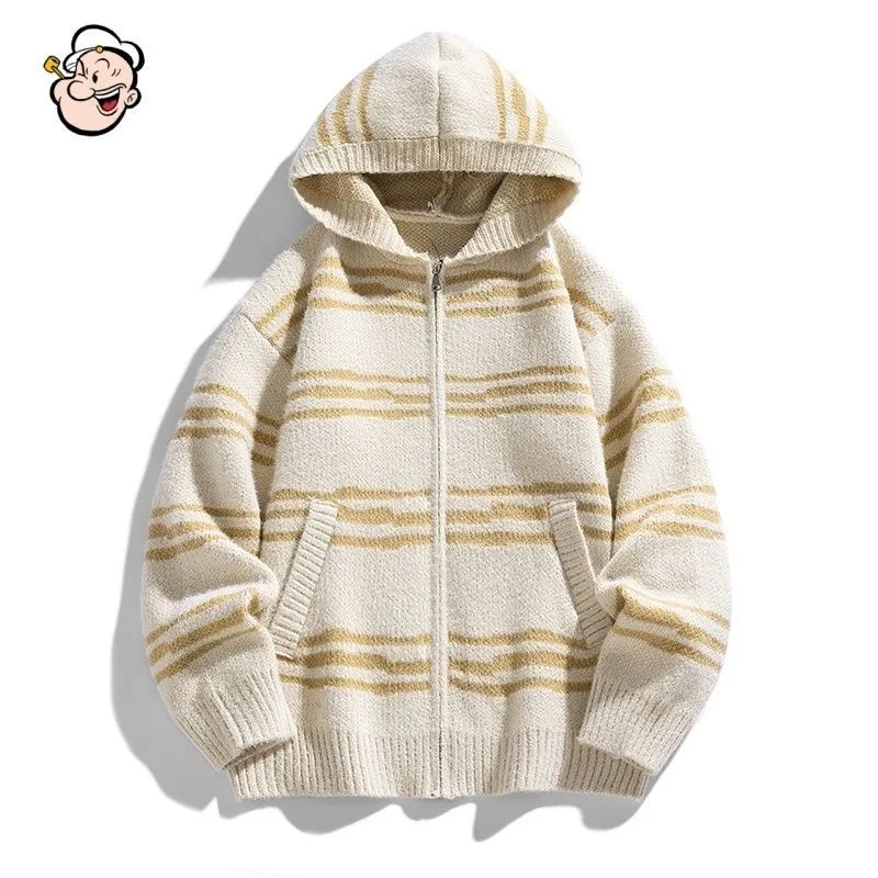 ฤดูใบไม้ร่วง/ฤดูหนาวใหม่แฟชั่น Thicken WARM STRIPES เสื้อกันหนาวผู้ชาย Casual หลวมกีฬาขนาดใหญ่คุณภาพสูงถักเสื้อ