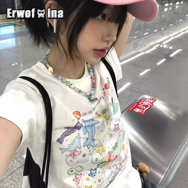 

Erwofeina Hotsweet Тонкая женская футболка с коротким рукавом Корейская мода Одежда 2000-х годов Y2k Летние топы Футболки с графическим принтом Футболки