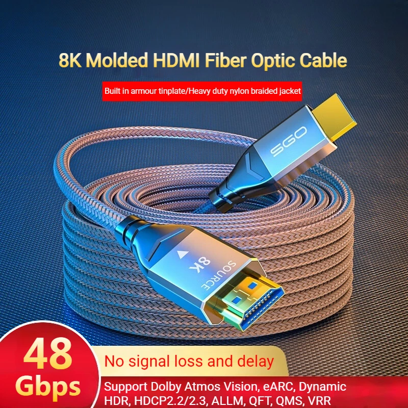 8K Fiber HDMI Cable Nylon Braided Fiber Optic HDMI 2.1 Cable Support 48Gbps, 8K 60Hz, 4K 120Hz, Dynamic HDR, EARC, HDCP2.2/2.3