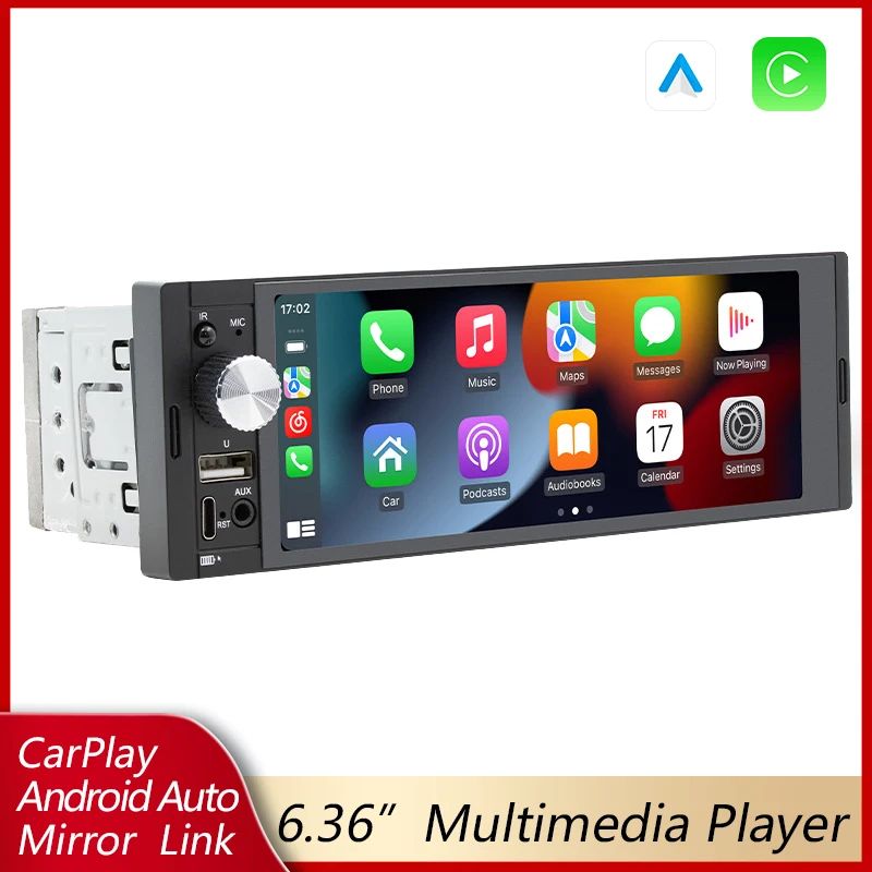 

1Din 6,36-дюймовый сенсорный экран Carplay Android Auto IPS с Bluetooth Стерео USB-зарядка Автомобильный радиоприемник MP5 Видео Мультимедийный плеер