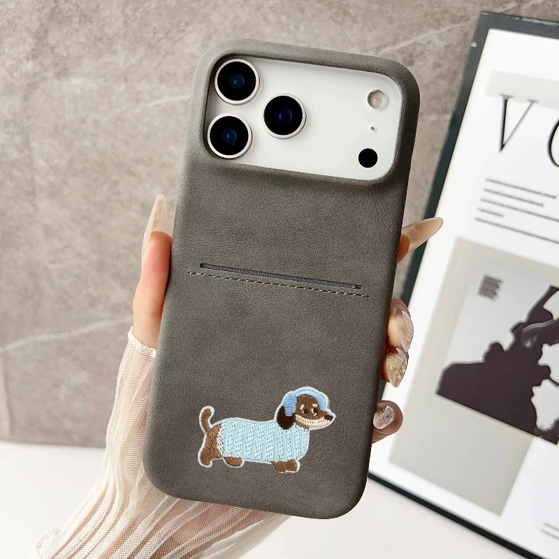 Fashion Cute Dog Pattern PU Leather Slim Case For IPhone 17 Pro Max Air 16 15 14 13 12 Plus Card Slot Clip Shockproof Hard Cover