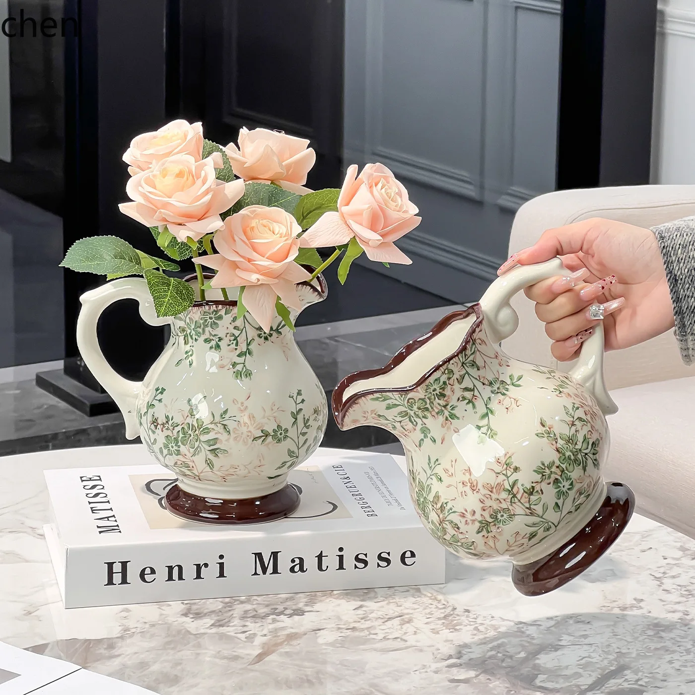 ZML retro large diameter vase - unique artistic flower pot, ceramic craft ornament