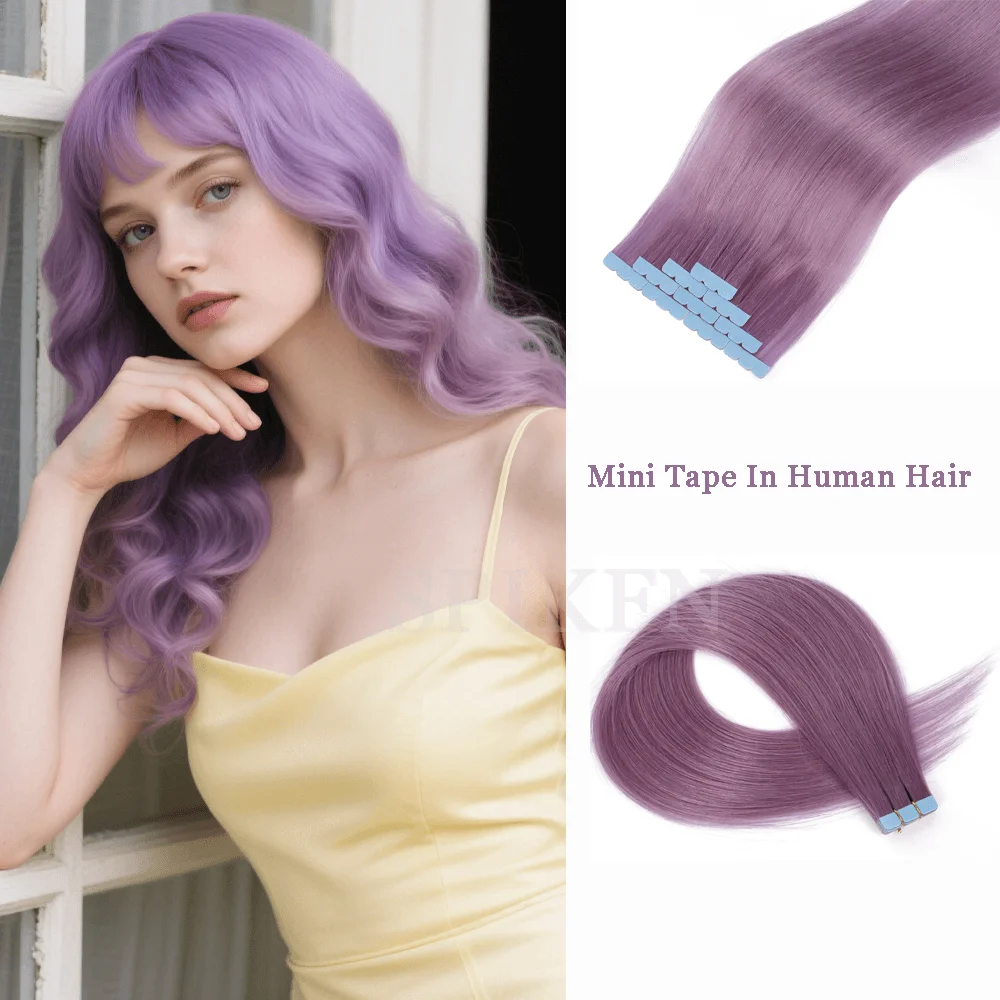 

Lavender purple Mini Tape In Human Hair Extensions 12-24 inches Micro Tape Hair Seamless Adhesive Hair Pieces For Cosplay