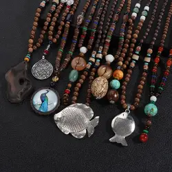 Boho Hippie Style Ethnic Necklace Handmade Nepal Buddhist Mala Wood Beads Pendant Necklace Long Pendant Men Women's Jewelry