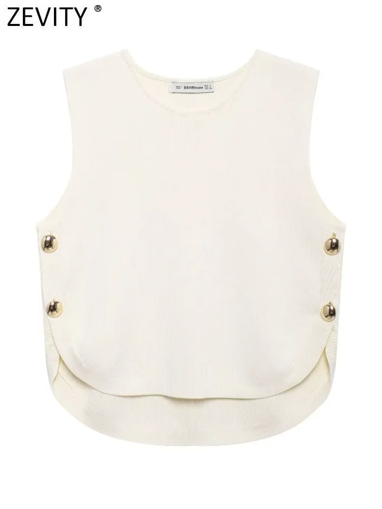 Zevity Women Fashion O Neck Sleeveless Solid Color Side Buttons Knitting Vest Sweater Female Chic Waistcoat Pullover Tops SW7161
