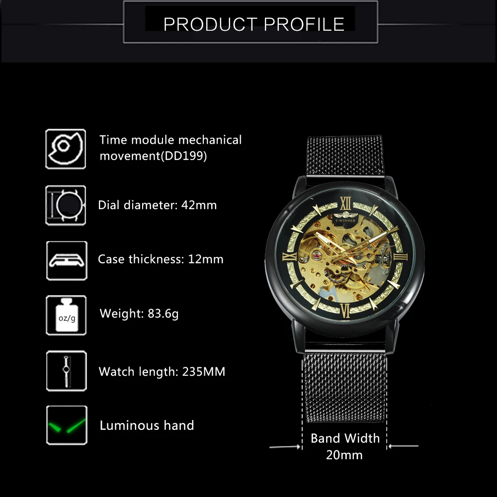 WINNER Black Gold Skeleton Automatic Watch for Men Luminous Hands Mesh Stainless Steel Strap Luxury Brand Mechanical Watches New