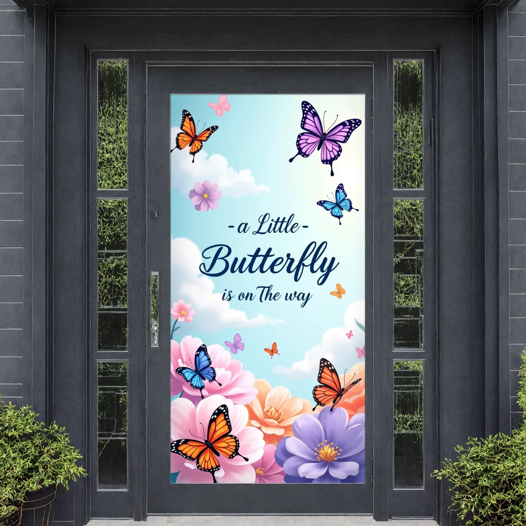 Butterfly Themed Decorative Banner Colorful Flowers And Clouds For Baby Shower Celebration Party Photography Backdrop Decor