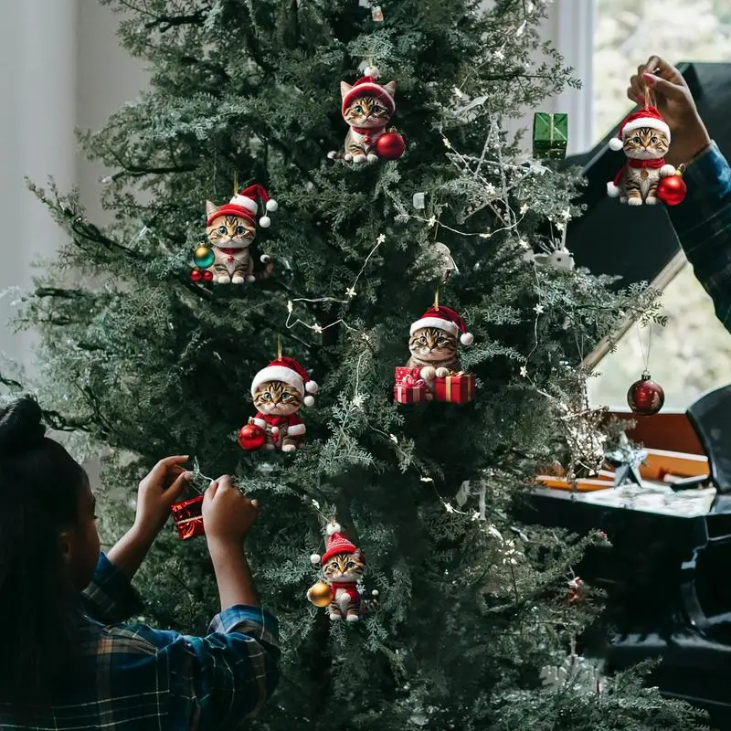 Cartoon Cute Cat Christmas Tree Pendants 2D Acrylic Hanging Ornaments Home Party Christmas Decoration 2024 New Year Gift