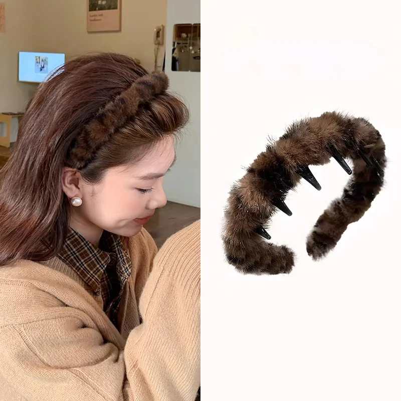 Faux Fur Plush Headband Leopard Warm Furry Hairband Shark Tooth Zig Zag Design Comb Nonslip Headbands Women Hair Accessories