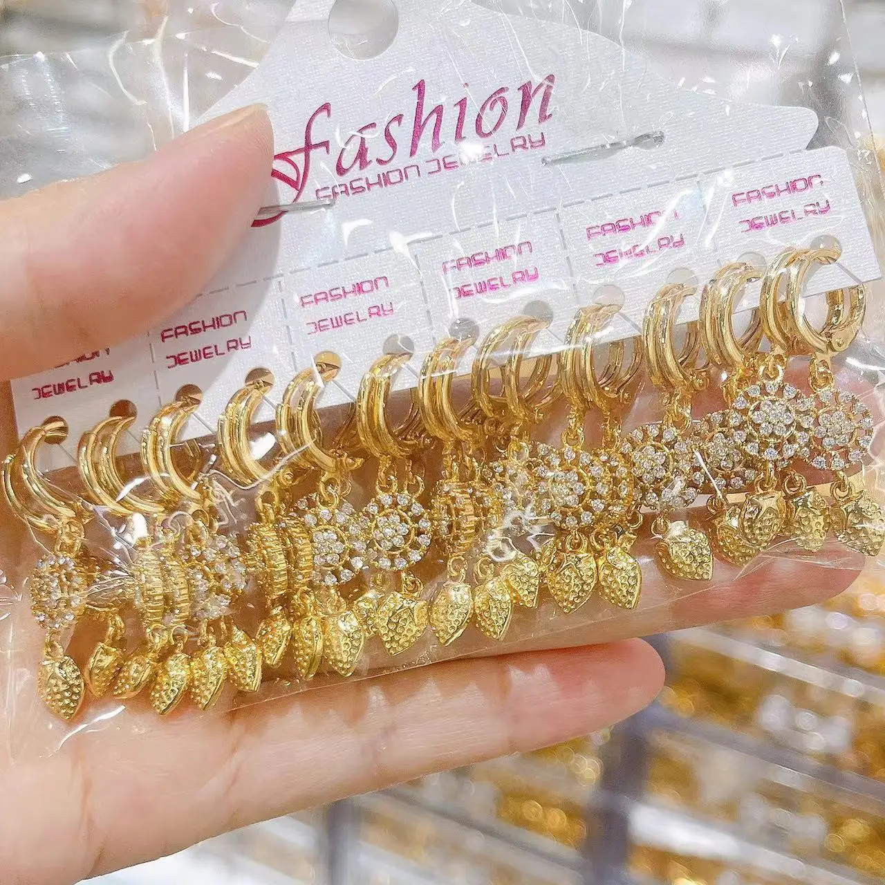 12Pairs Women's Gold Plated Copper Drop Earrings Set Light Luxury White Zirconia Ear Clips Fashion Jewelry for Wedding Gift