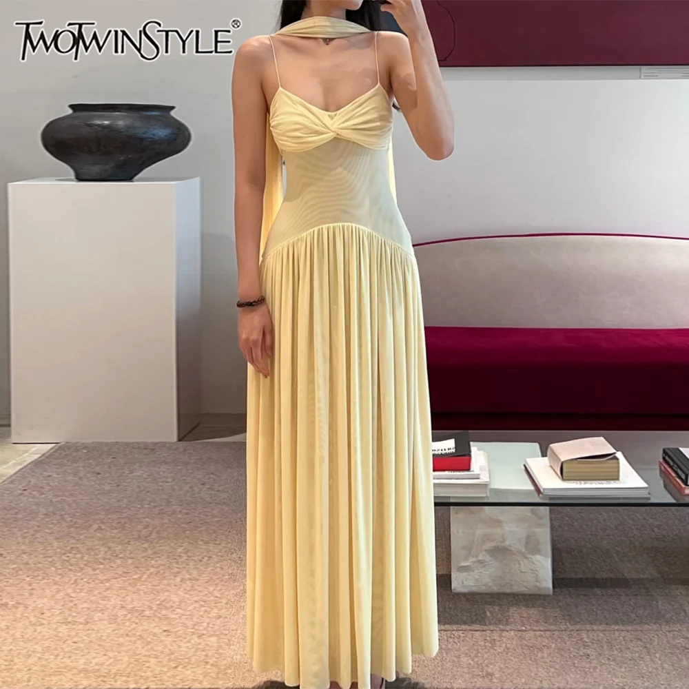 TWOTWINSTYLE Solid Slimming Spliced Folds Dress for Women Square Neck Sleeveless Patchwork Knot Midi Dresses Female Elegant New