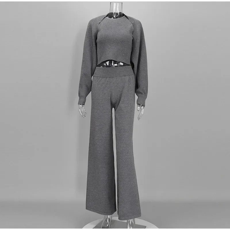 Damen Strick-3-Teiler-Set: O-Ausschnitt, ärmelloses Crop-Top, Langarm-Mantel, weit geschnittene Hose, Herbstmode, neue Strickwaren für Damen – Detail 7