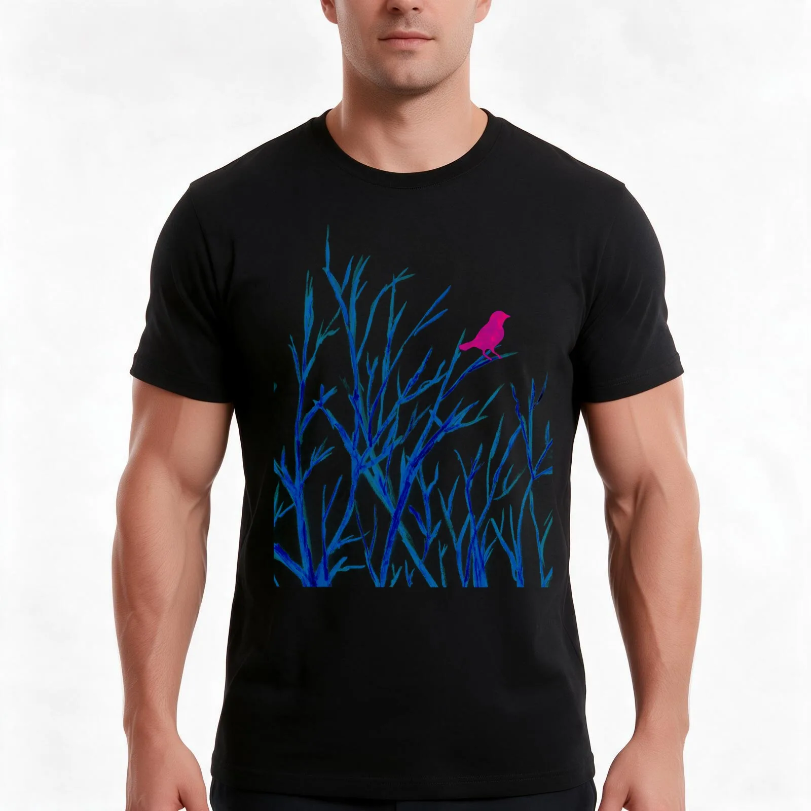 Perching bird on winter tree had painted watercolor T-Shirt, Summer Casual Cotton Tee, Oversized Streetwear Tops, 100% Cotton