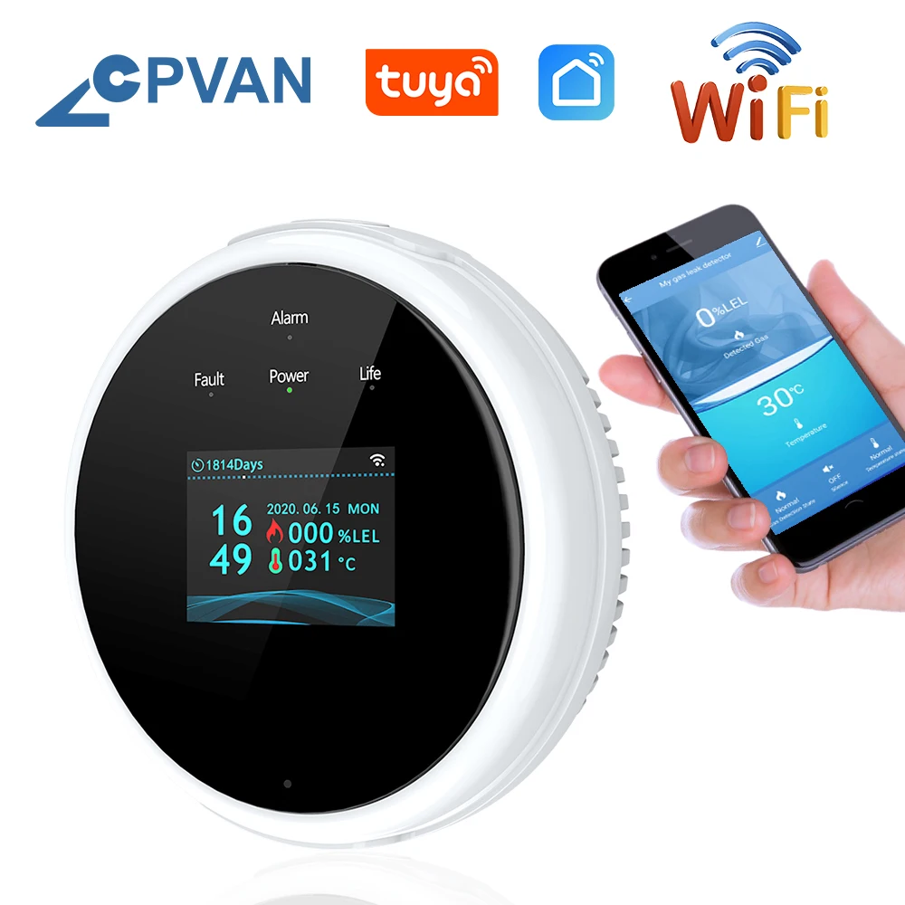 CPVAN Tuya Wifi Natural Gas Alarm Sensor LCD Display Combustible Gas Alarm Smart LPG Gas Leak Detector Work With Smart Life App