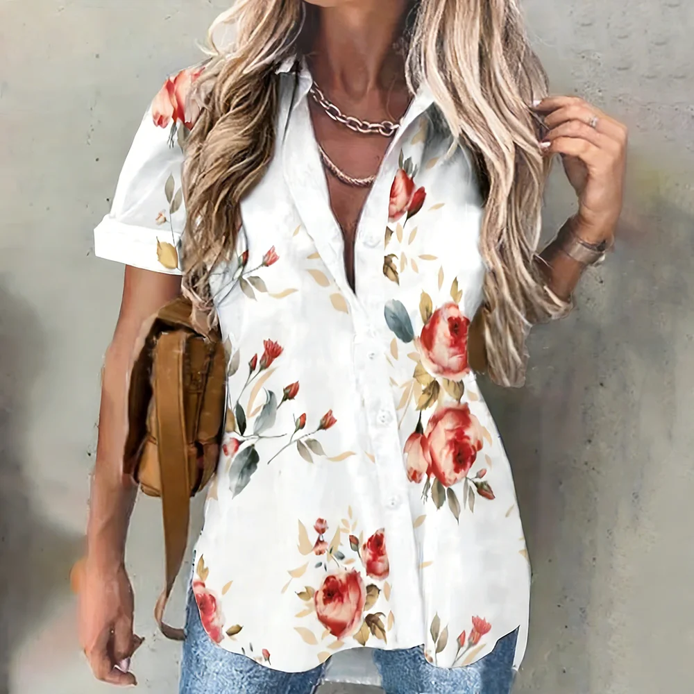 

Новинка весны-лета 2026: женская блузка свободного кроя с воротником и принтом зеленых листьев, повседневная, с коротким рукавом