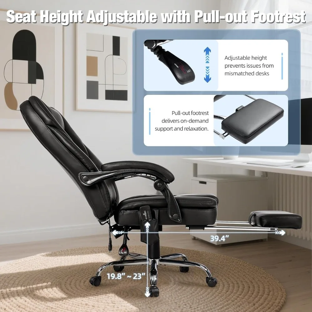 كرسي مكتب جلدي مريح عالي الظهر مع مسند للقدمين، اهتزاز 4 نقاط وتدليك حراري للراحة التنفيذية