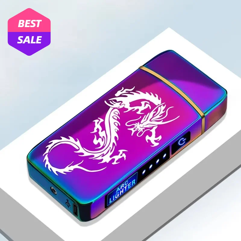 Hot Electric Windproof Metal Lighter Double Arc Plasma Flameless Rechargeable USB Lighter LED Power Display Touch Sensor Lighter