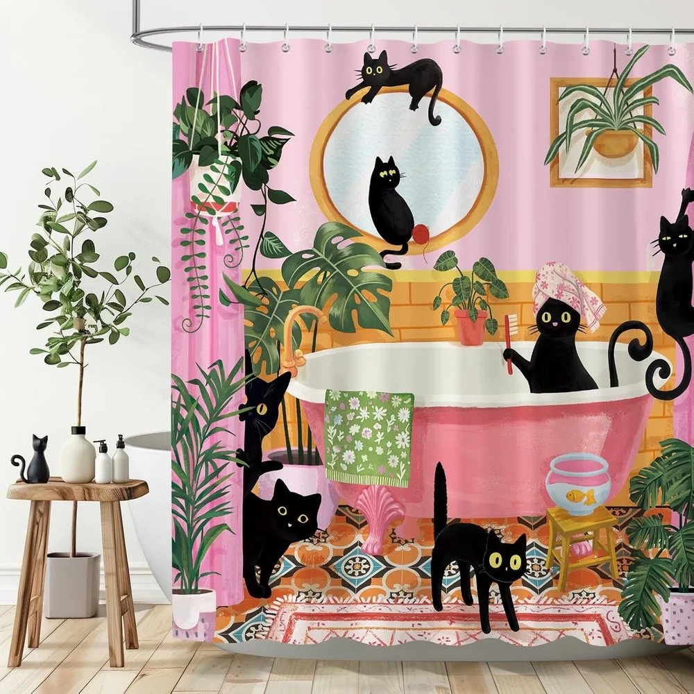 1PC Funny Cute Cartoon Cat Shower Curtain, Nordic Tropical Plants Bathroom Curtain, Bathtub Partition and Privacy Hanging Curtan