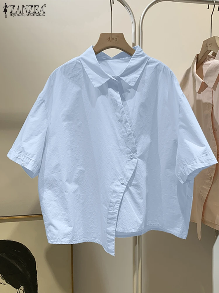 ZANZEA, camisas frontales asimétricas, moda para mujer, camisas de manga corta con cuello abotonado, ropa de calle para mujer, Tops informales de Color sólido