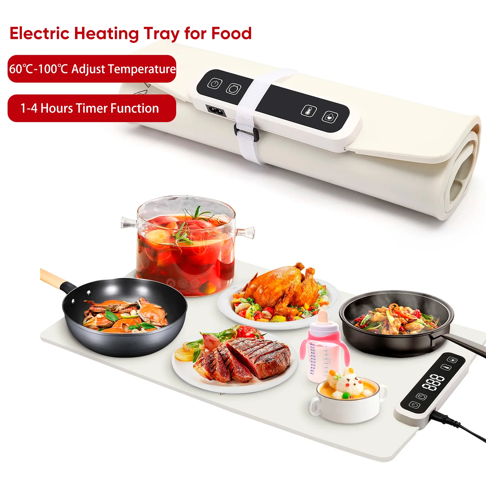 Electric Heating Tray Food Insulation 60℃-100℃ Adjustable Temperature Control Food Warmer Mat 4 Hours Keeps Food Hot Constant