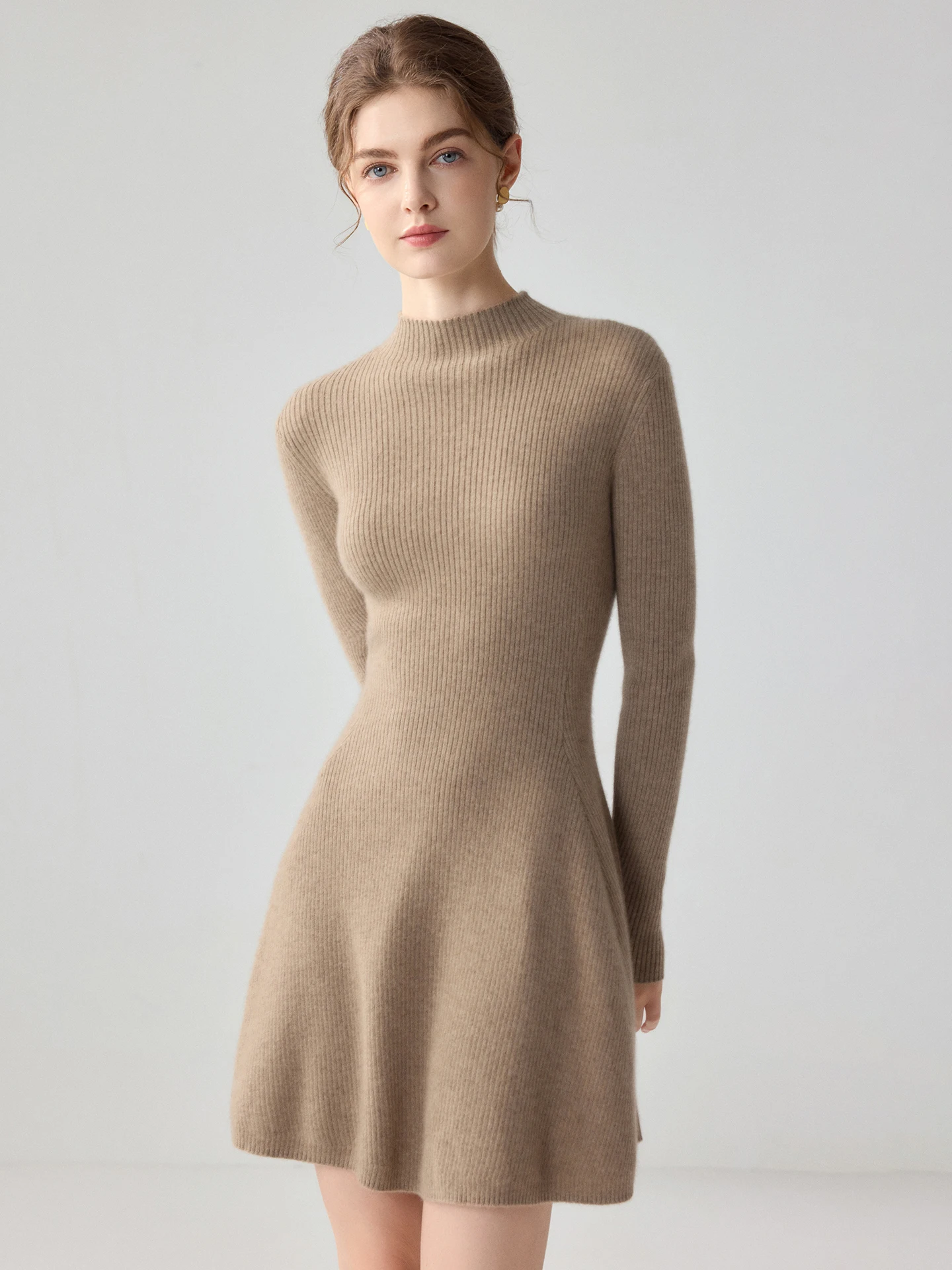 TLOML Women's 100% Cashmere Sweater Dresses Mock Neck A-Line Short Skirt Autumn Winter Cashmere Knitwear Casual Chic Dresses