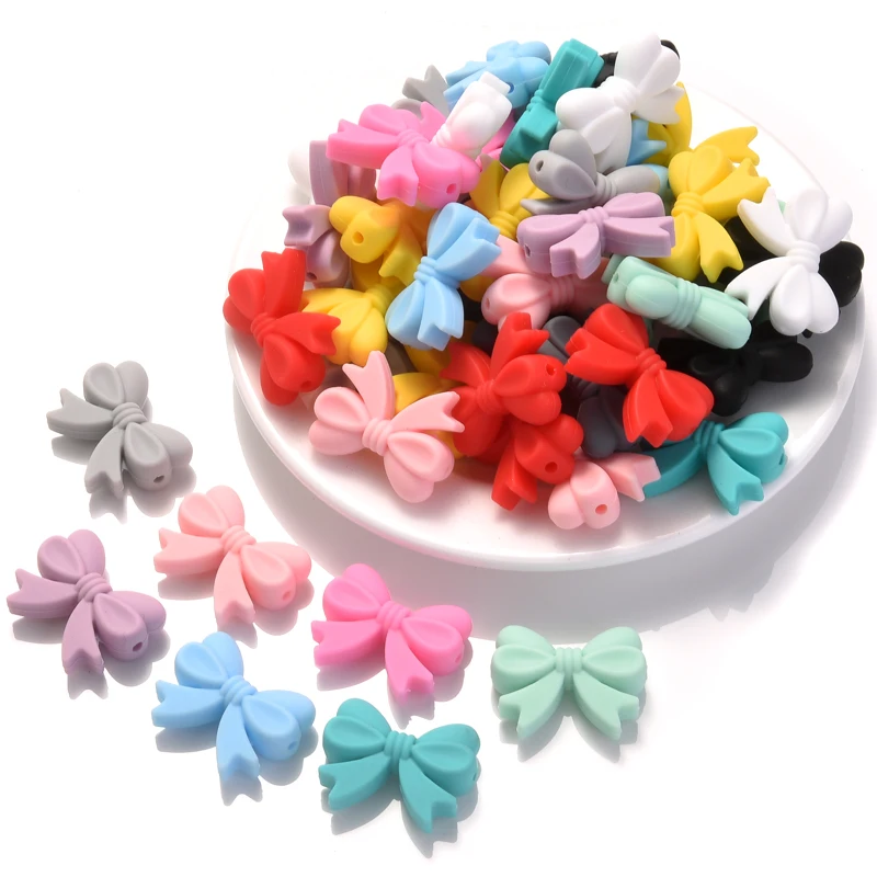 10Pcs Baby Silicone Teethers Beads Colorful Bows Loose Beads For Baby Care Pacifier Chain DIY Bead Pen Necklace Bracelet Making