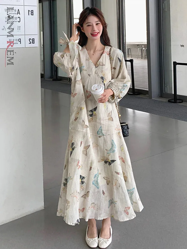 

LANMREM Chinese Style Print Dress For Women V-neck Puff Sleeves Loose Ankle-length Dresses Fashion 2024 Summer New 2Z1704