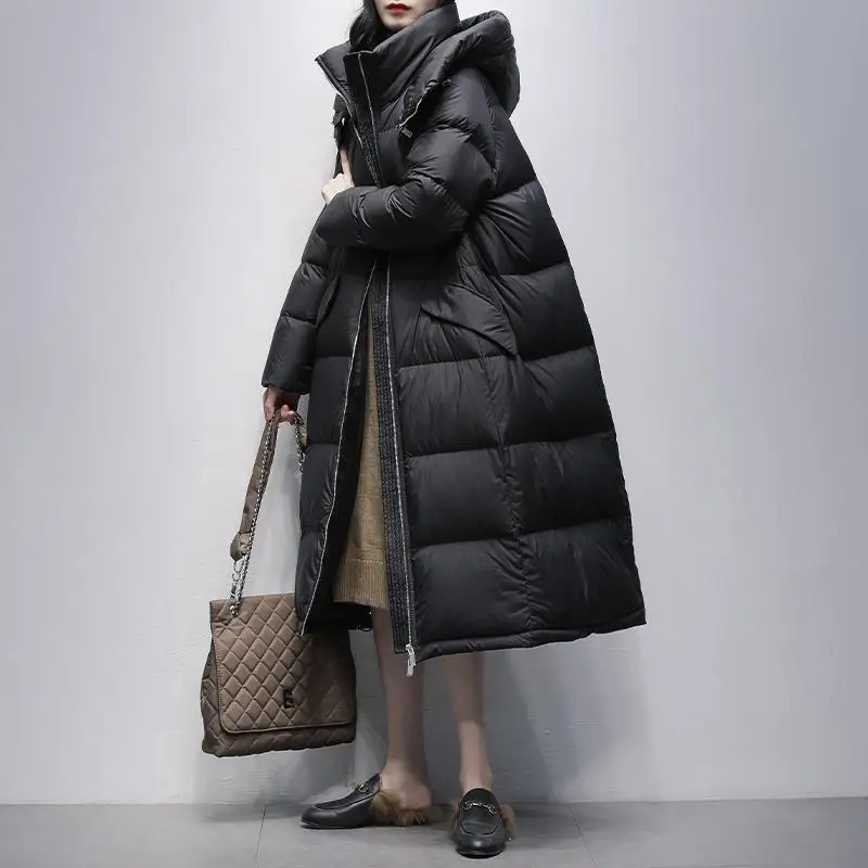 Europäische Winter Neue Damen Daunenjacke Pendeln Mit Kapuze Lange Lose Daunenjacke