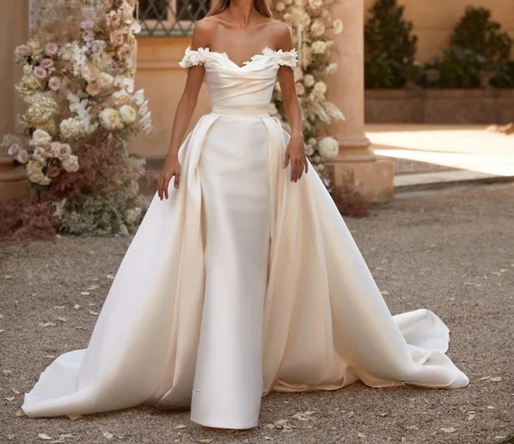 

2024 Off Shoulder Satin 3D Flowers Mermaid Wedding Dress Detachable Train Princess Bride Gown