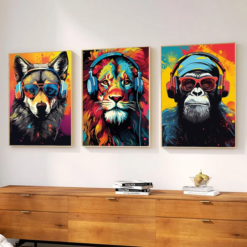 Pósteres de juegos geniales de animales con auriculares, impresiones artísticas de pared, pinturas en lienzo, decoración de habitación de niños y