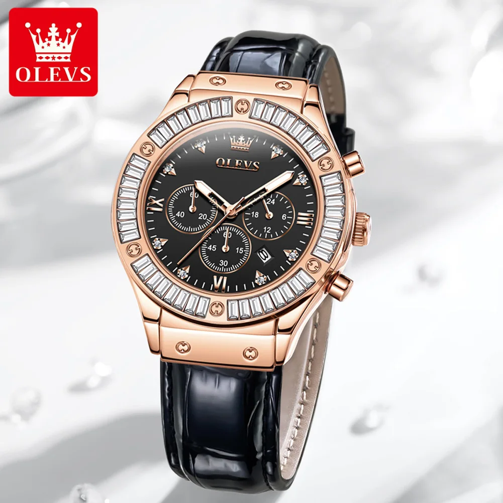 OLEVS 9978 Women Watch Fashion Brand Quartz Watch Waterproof Luminous Leather Strap Multifunctional Chronograph Ladies Watch