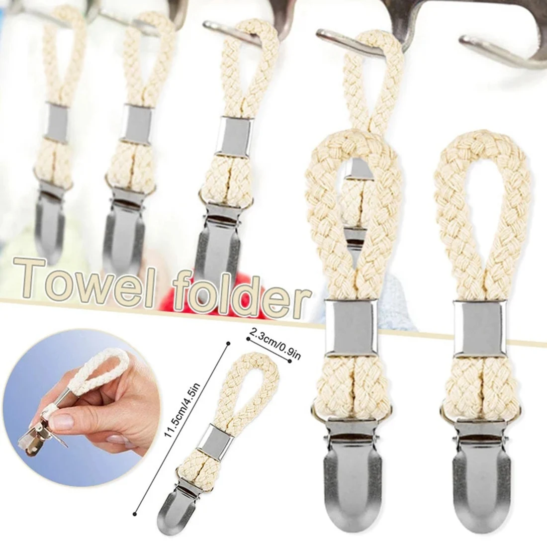 8Pcs Braided Cotton Loop Towel Clip with Metal Clamp Multipurpose Cloth Hanger for Home Bathroom Kitchen Home Storage