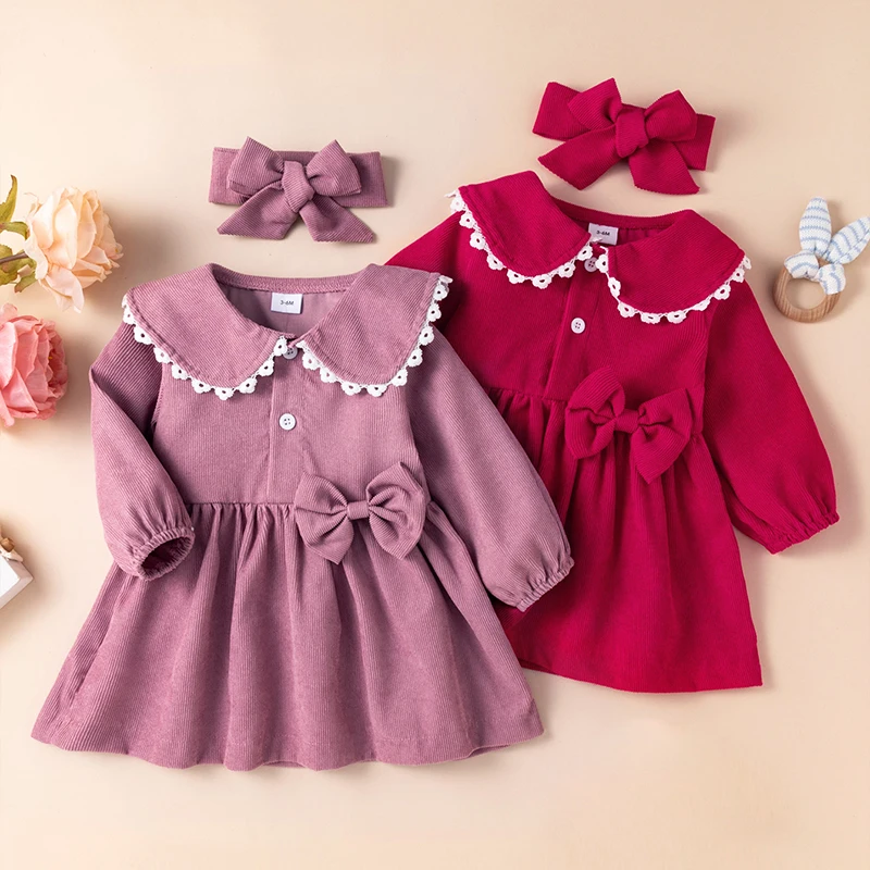 2PCS Autumn and Winter Baby Girl Rose Corduroy Lace Button Dress with Bow Headband Accessories Kid Suit 3M-24M