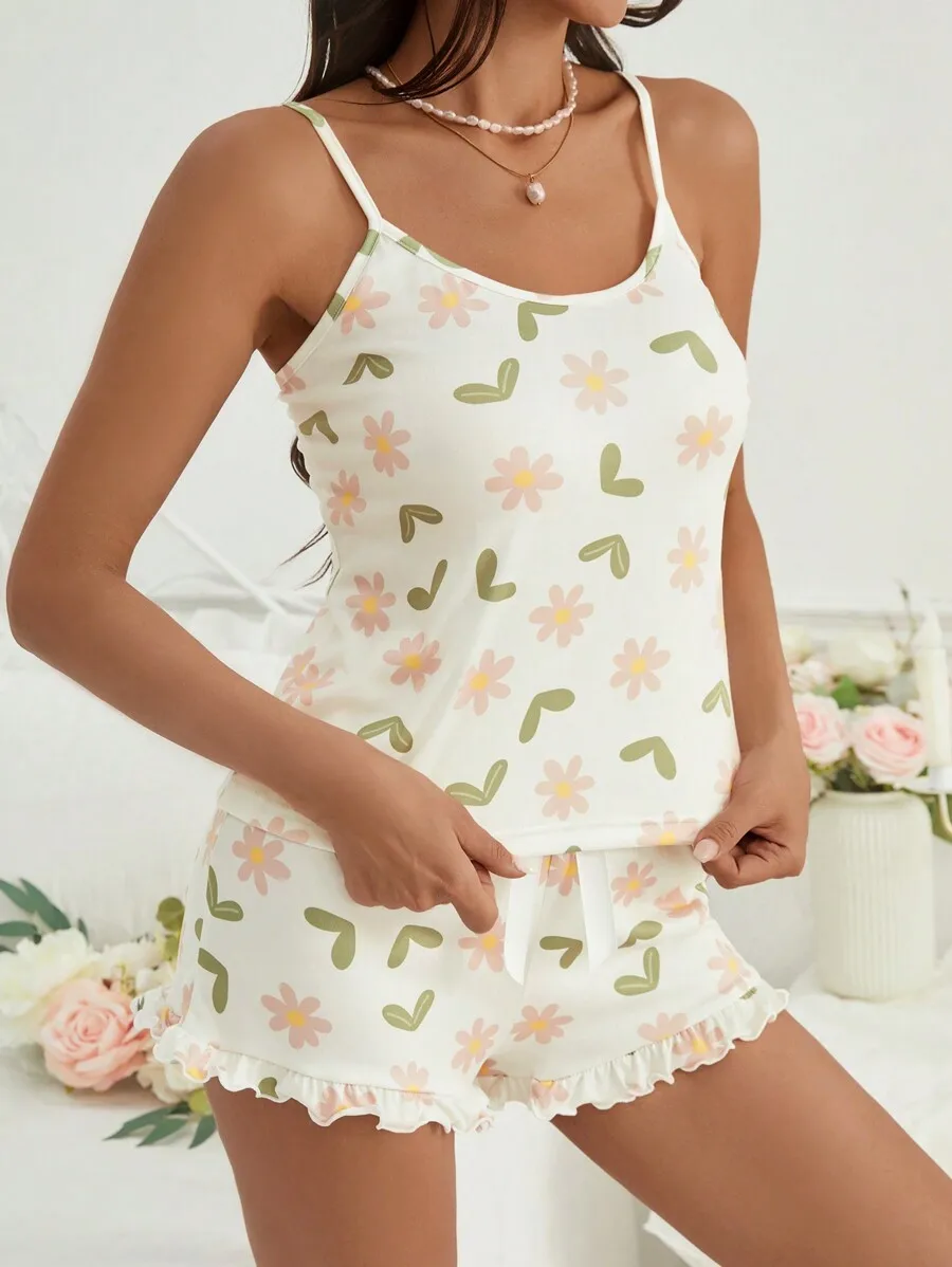 

Women Floral Print Camisole And Shorts Pajama Set Summer Sleepwear