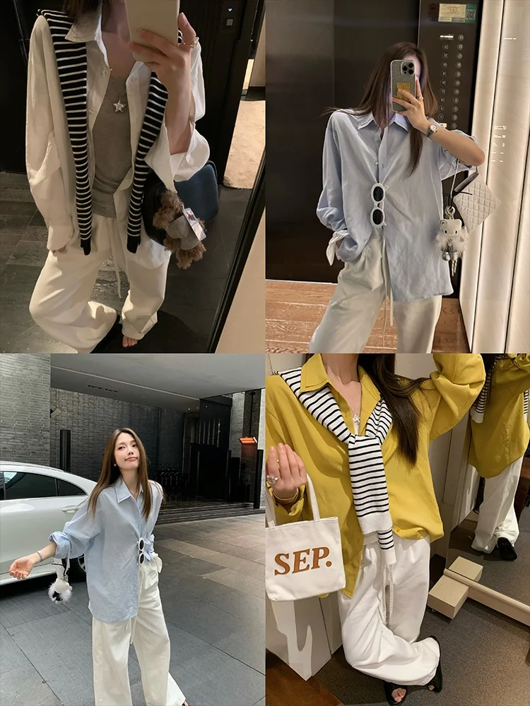 

Heydle Loose Fit Linen Blend irt Women's Summer Thin Sun Protection Long Sve White irt Original Design Regular Sve