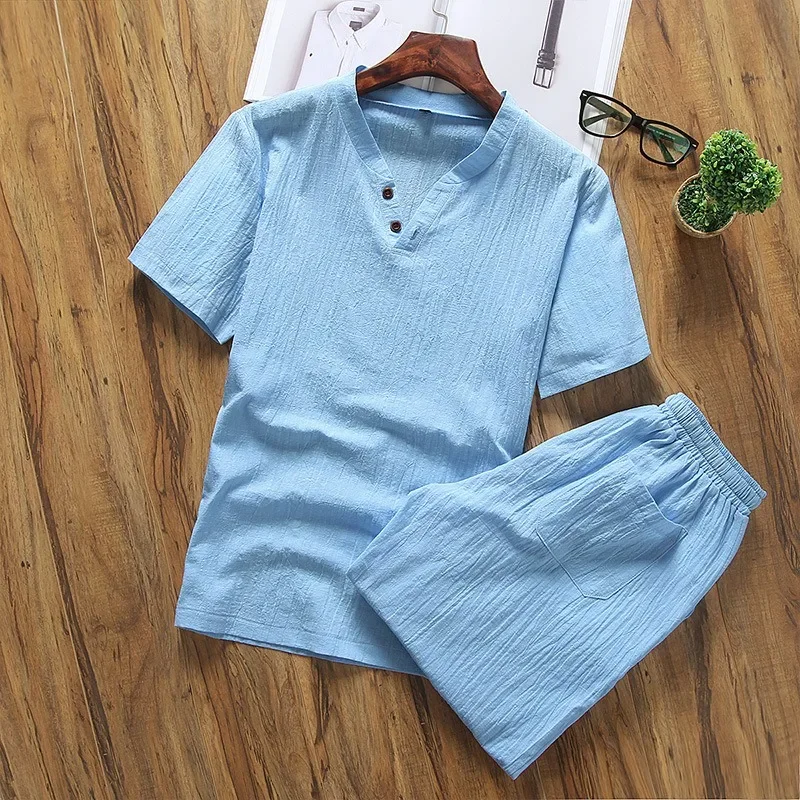 

Short Pants Home Suit Spring Summer New Cotton Linen Set Men's Japanese Style V-neck T-shirt Linen Male Thin Casual Short