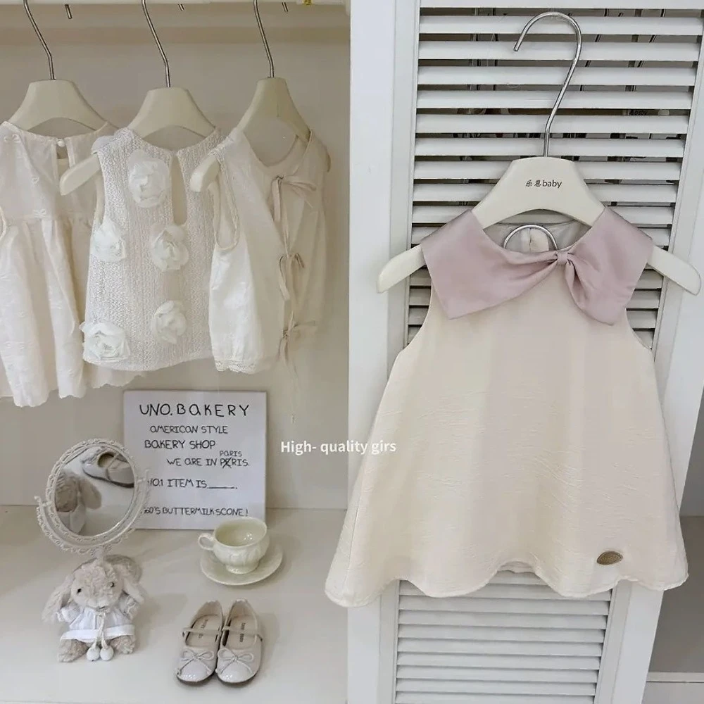 

New Arrival Toddler Girl Cream Sleeveless Tank Dress, Chic Noble Princess Robe, Children Stylish Summer Outfit