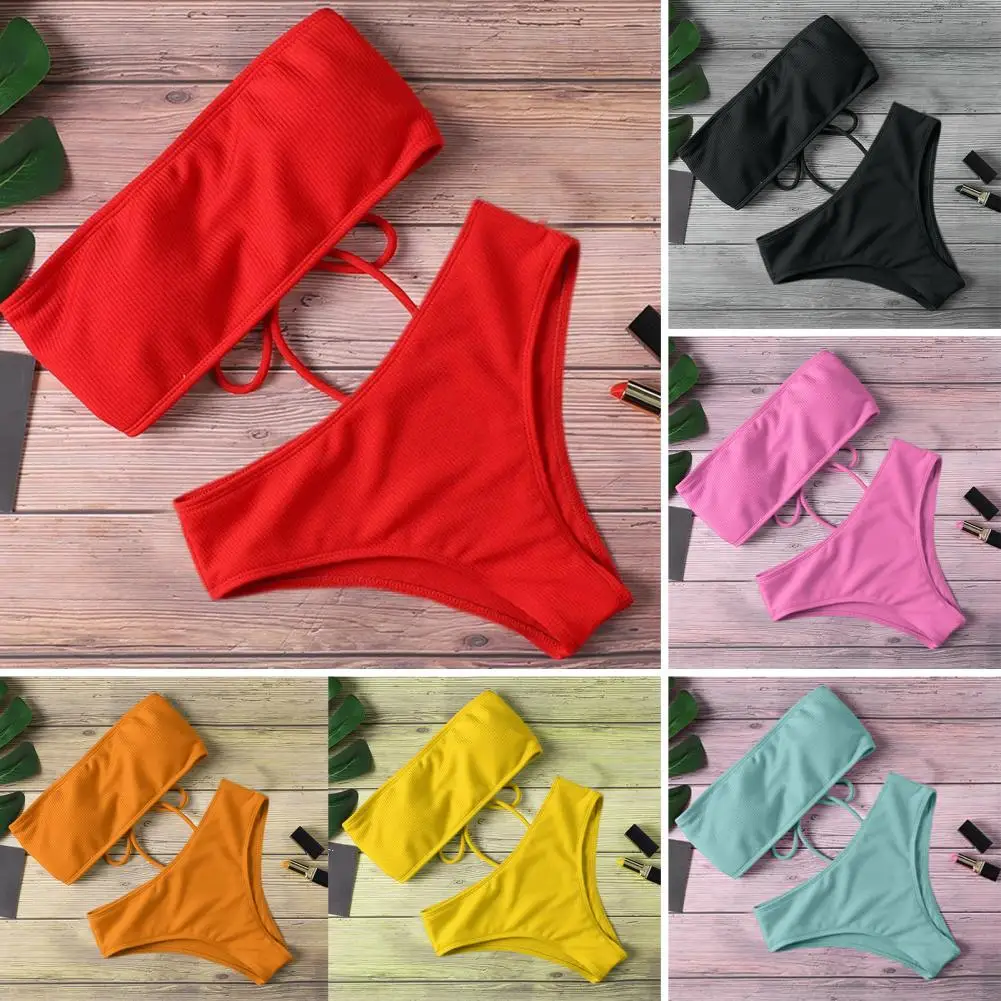 Lady Swimwear Solid Color Two-piece Set Bandeau Swimming Trunks Split Bikini Set Tube Top Women Beach Suit Women Clothes