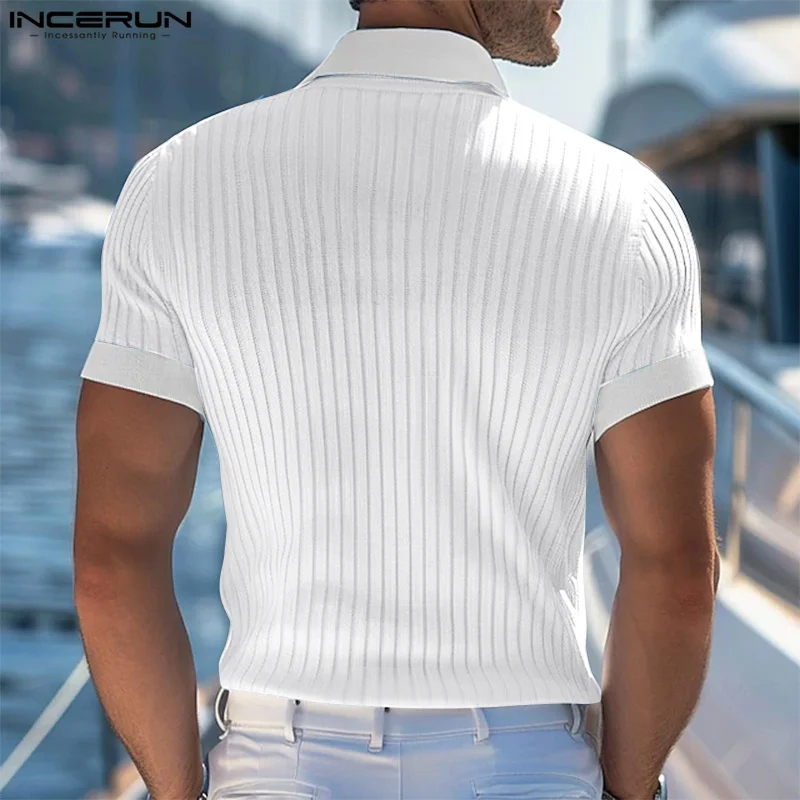 INCERUN Tops 2024 Korean Style Fashion New Men\'s Tight Striped Contrast Shirts Casual Streetwear Male Short Sleeved Blouse S-5XL