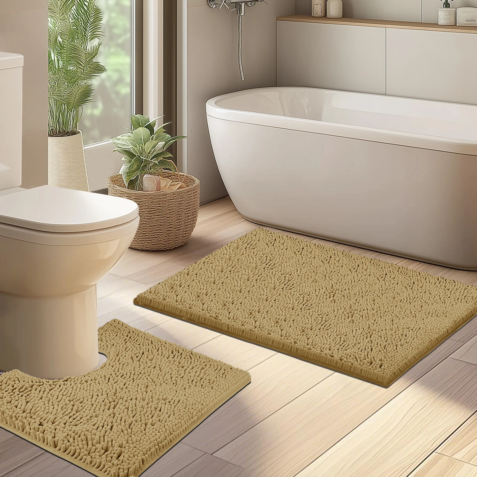 2Piece Loop Bath Mats for Bathroom Non Slip Chenille Bath Mat Set Rugs with Water Absorbent Pedestal Bathmat Shower Toilet Mat