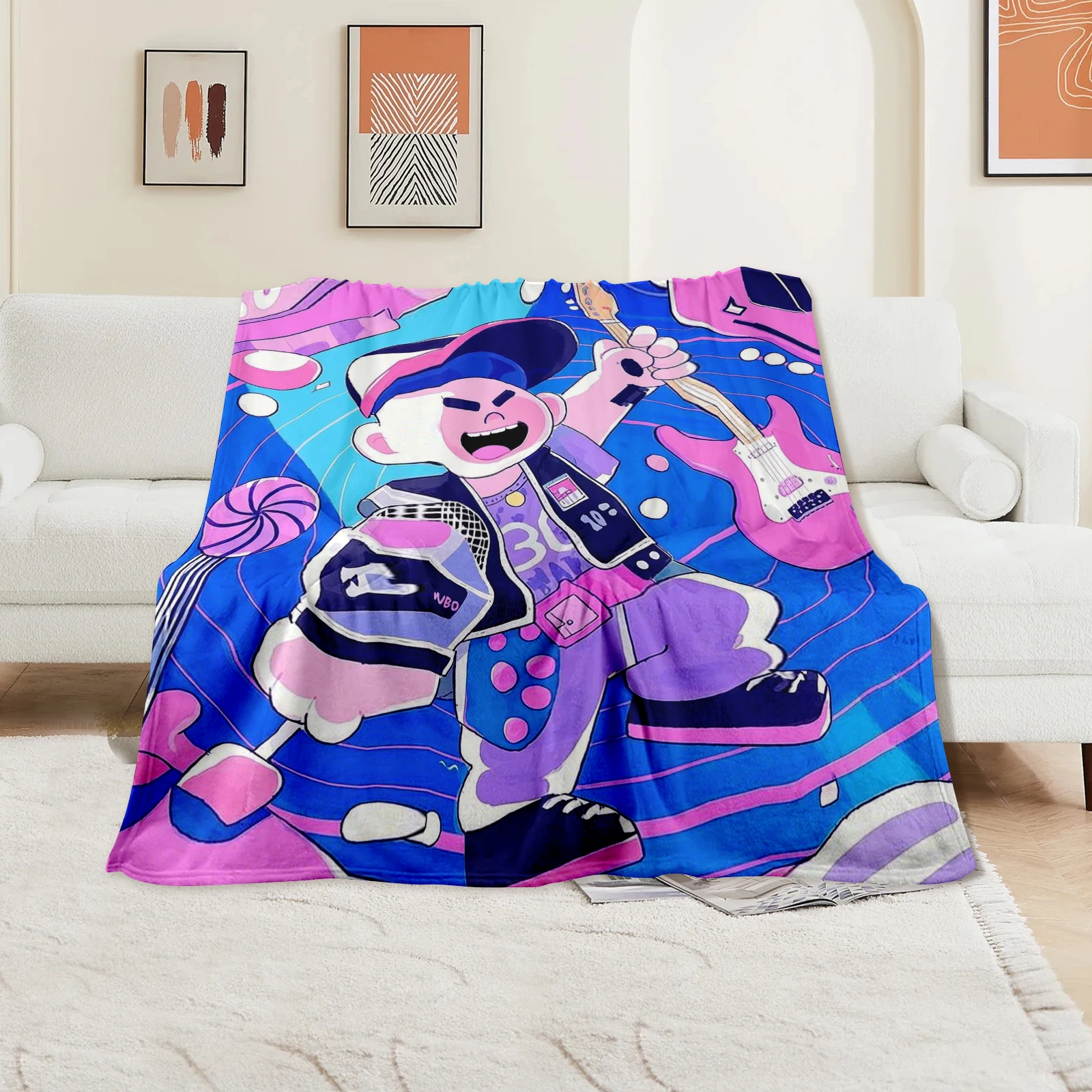 

Cartoon Character Holding Guitar Blanket, Inspired By Music Festivals. Unique Gift With Soft Touch For Loved Ones.