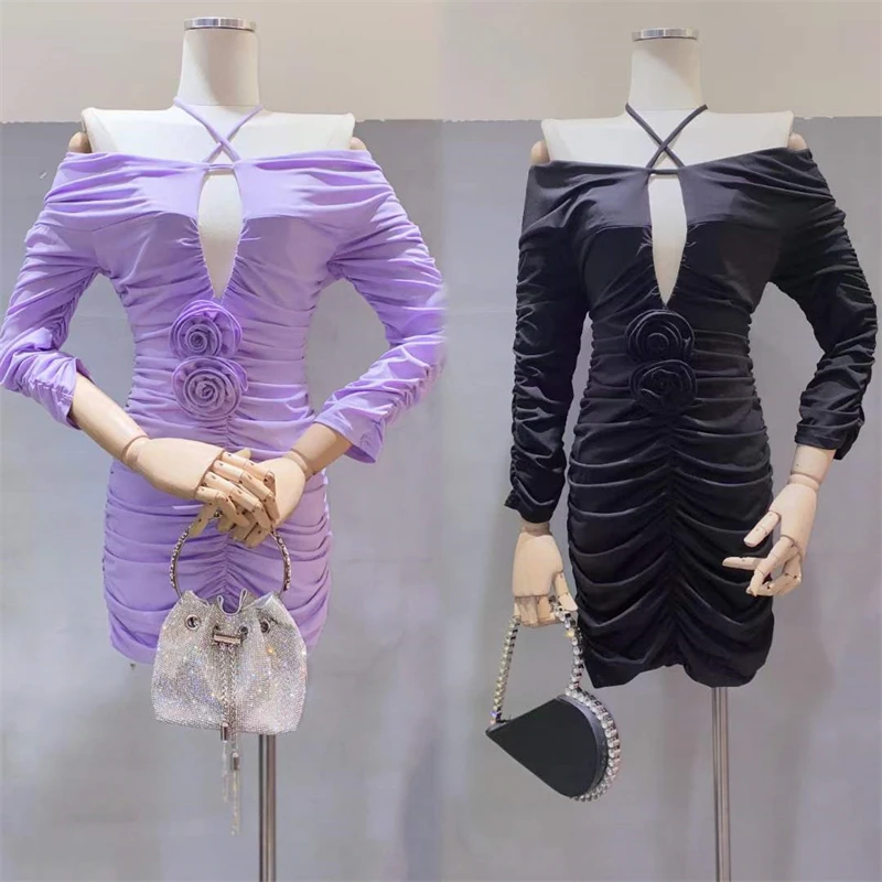 New Sexy Suspender Wrapped Hip Skirt With Floral Pleats Mini Dress Can Be Paired With A Purple Black Dress For Women's Clothing