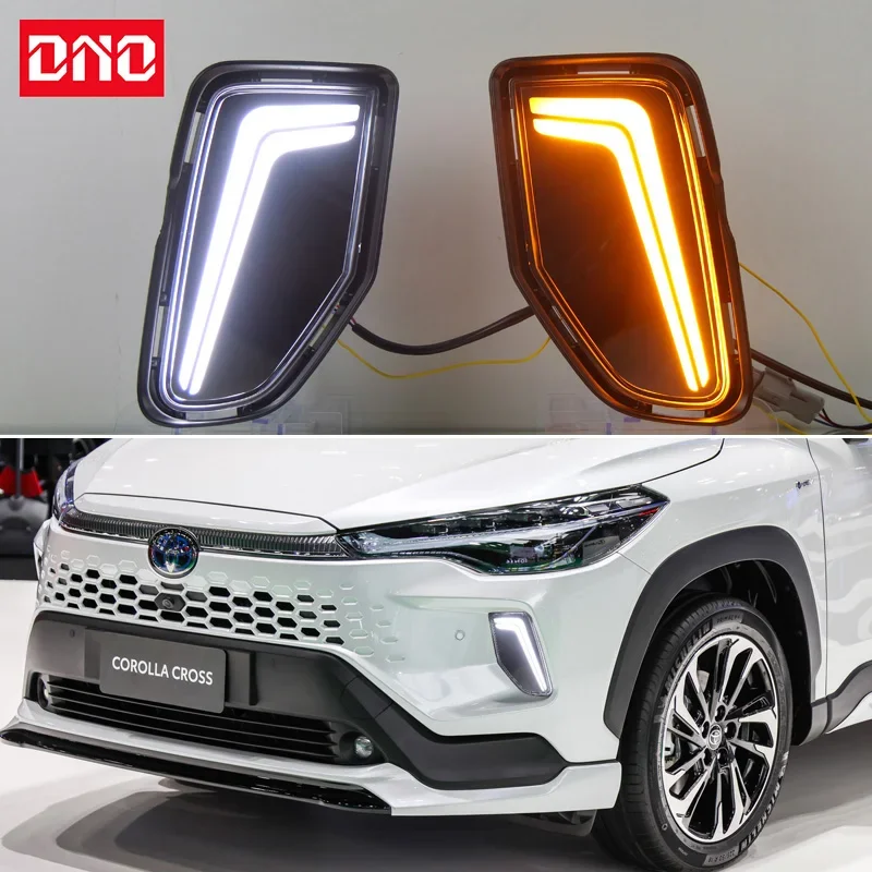 Car LED Daytime Running Light For Toyota Corolla Cross 2024 Dynamic Yellow Turn Signal Auto Daylights Lamps Blue Running Foglamp