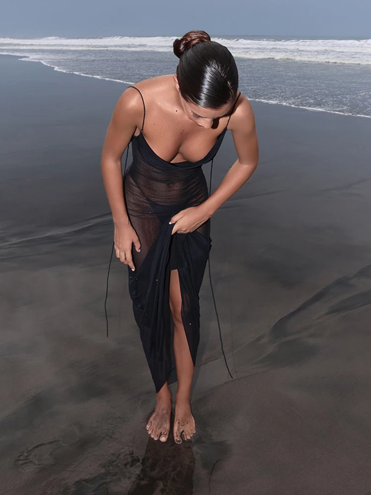 Cutenew Mesh seksowne gorące sukienki damskie Trend zawieszka przezroczysta rozkloszowana szyja Backless prosta Bodycon kobiece wakacje Maxi sukienka