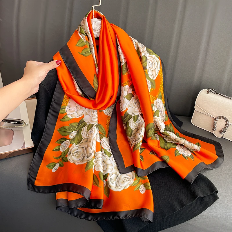 

2023 Silk Scarves Women Luxury Brand Hijab Scarf Floral Foulard Femme Shawls Wraps Silk Bandana Head Scarf Hijab Beach Poncho